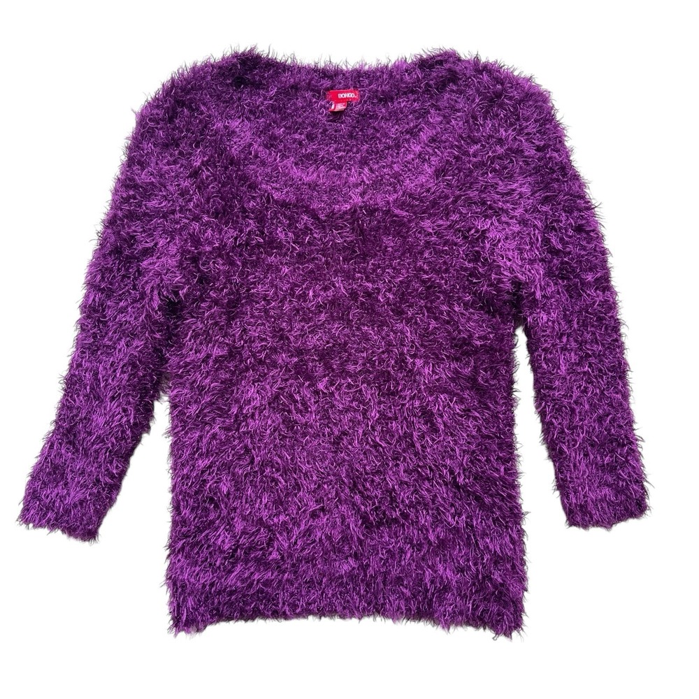 Bongo Women M Purple Eyelash Knit Fuzzy Sweater Scoop Neck 3/4 Sleeves Y2K Bratz